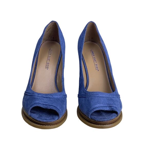 Lower East Side Vintage 90s Denim Blue Suede Platform Peep-Toe Wedges -Size 7 - Picture 3 of 8
